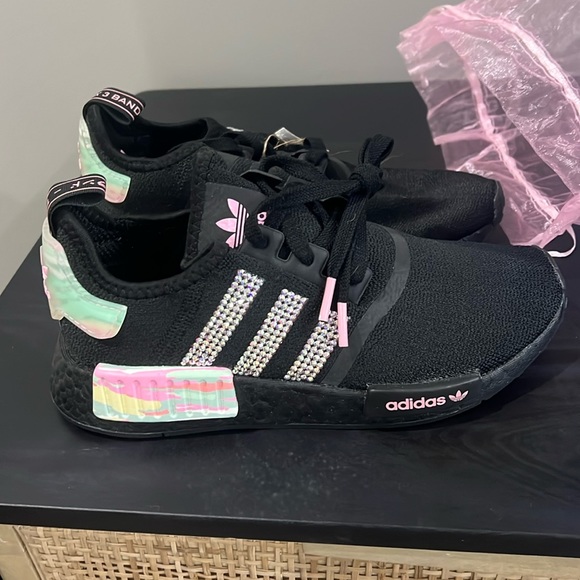 Adidas Black and Pink Sneakers with NMD Sole & Bling Crystal - Picture 1 of 4